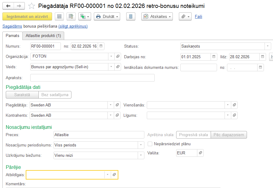 Sell-in bonusa piemērošanas nosacījumi iepirkumiem no piegādātāja 1C
