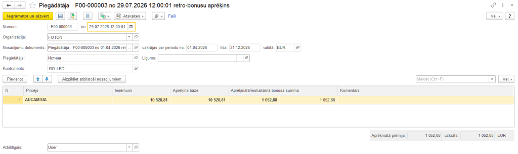Sell-out retro bonusa aprēķins piegādātājam 1C
