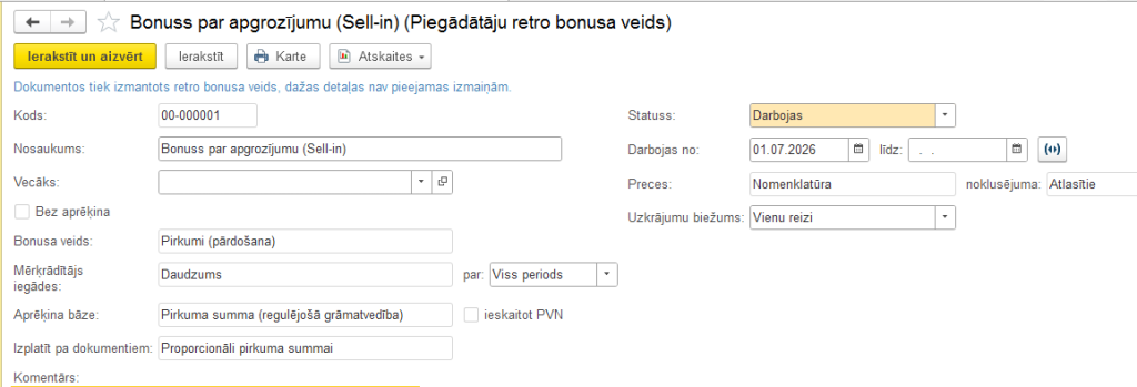 Sell-in retro bonusa veida iestatīšana piegādātājam 1C